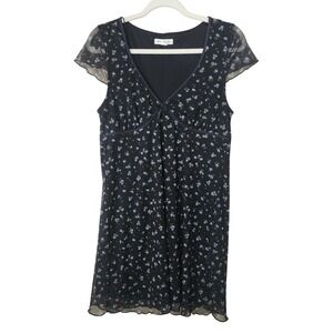 Aeropostale Floral Mesh Mini Dress Womens Medium Navy Blue V-Neck Empire Waist